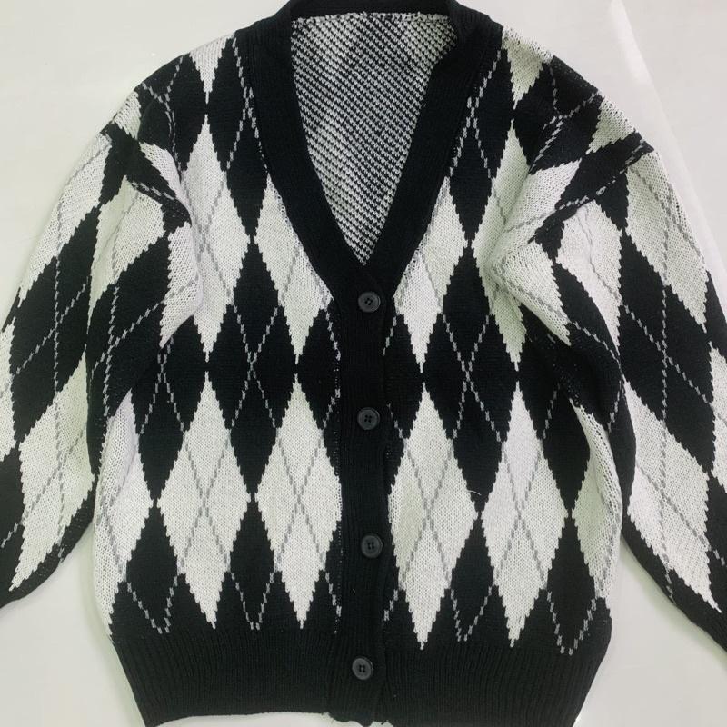 Áo Khoác Cardigan Len Nữ Kẻ Sọc Caro Kim Cương Đen Trắng, Cadigan Len Dày Phong Cách Hàn Quốc, Labibi