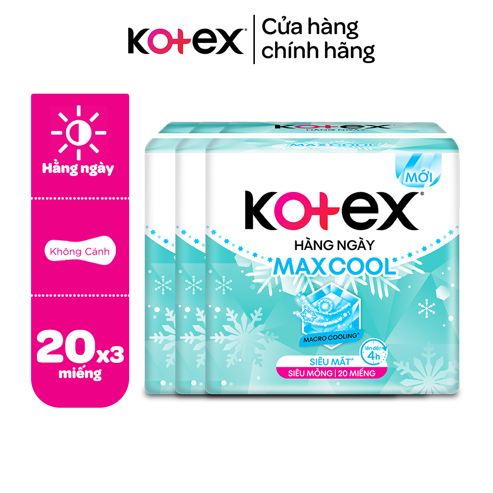 Combo 3 gói băng vệ sinh Kotex Maxcool hằng ngày kháng khuẩn 20 miếng