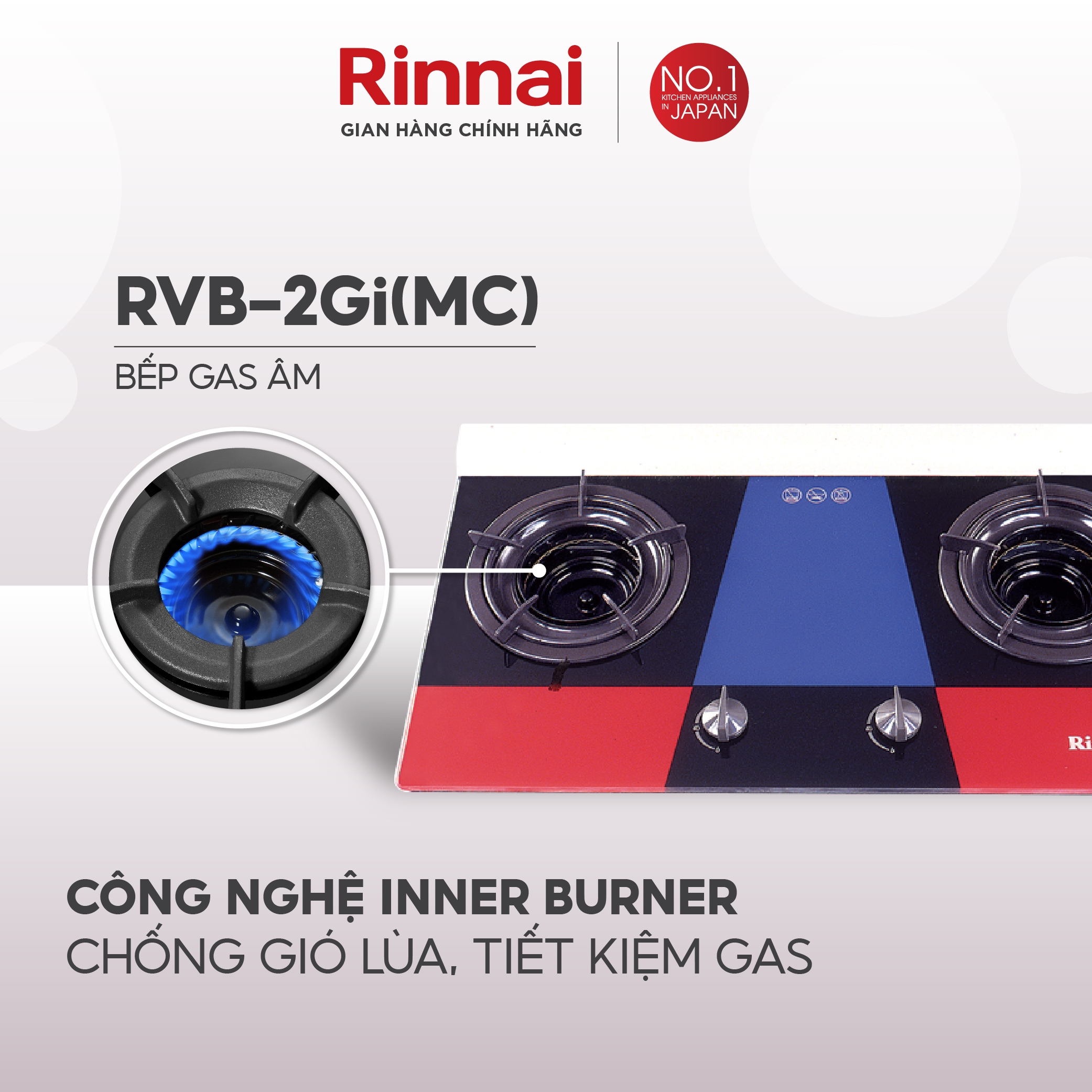 Bếp gas âm đầu đốt trong Rinnai RVB-2Gi mặt bếp kính và kiềng bếp men - Hàng chính hãng