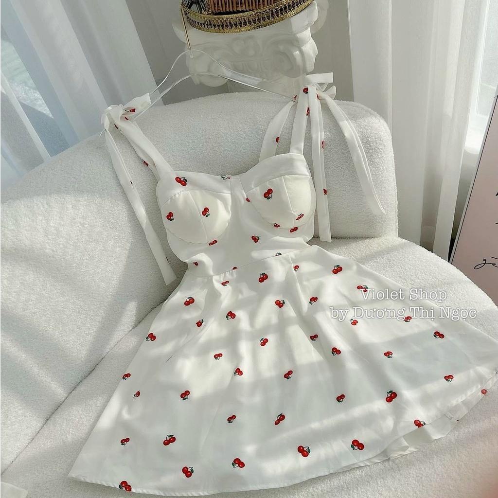 Sét đầm hai dây Cherry phối áo khoác thun gân xinh xắn dạo phố, đi biển