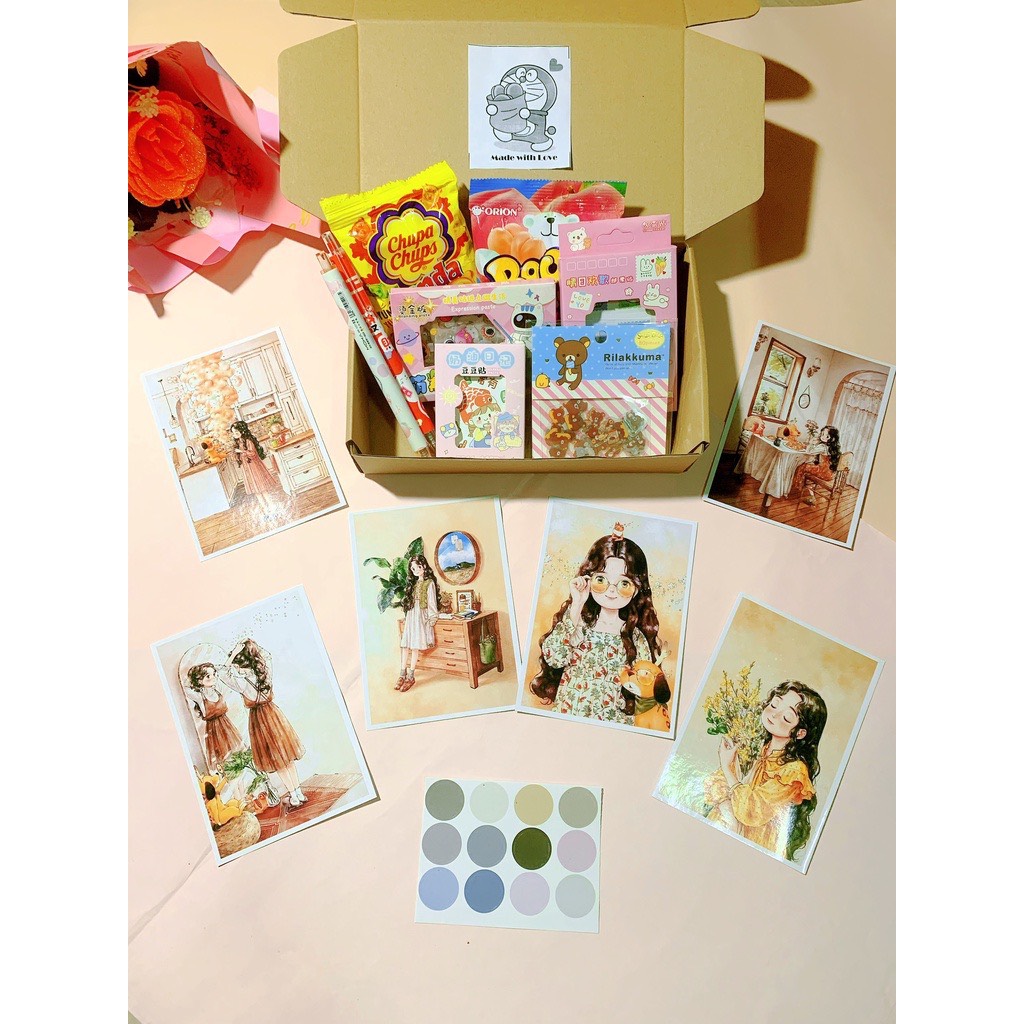 Hộp sticker kèm postcard phong cách vintage siêu dễ thương