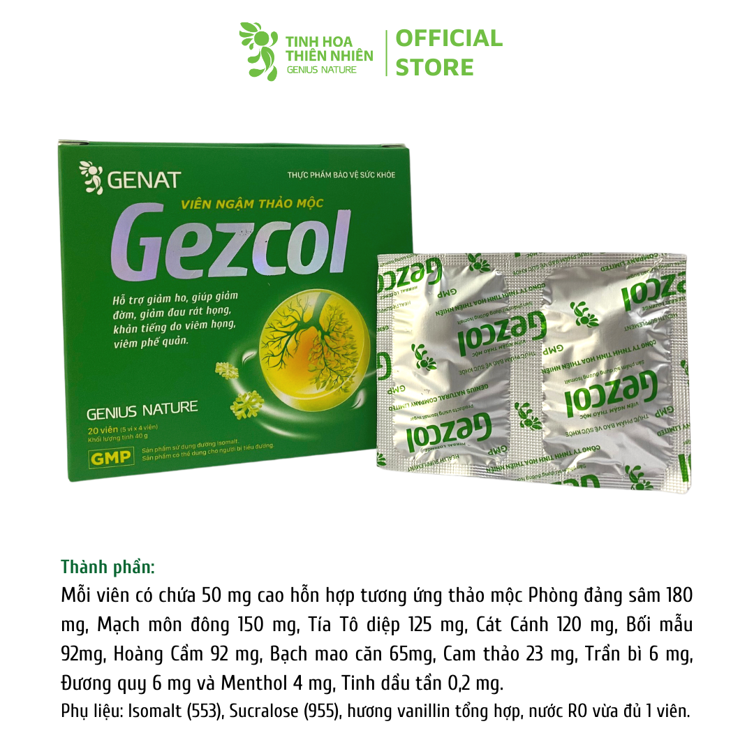 Viên ngậm Ho thảo mộc Gezcol (Hộp 20 viên) Hỗ trợ giảm đau rát họng, khản tiếng do viêm họng, viêm phế quản (Hộp 20 viên) - Genat