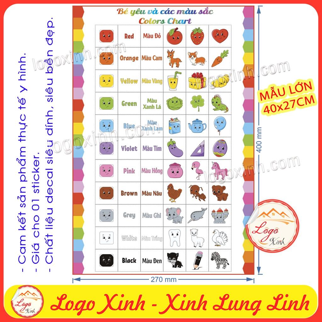 Bảng Học Các Màu Sắc Ngộ Nghĩnh Song Ngữ Anh-Việt Cho Bé , Chất Liệu Decal Dán Chắc Chắn, Sạch Sẽ, Colors Chart