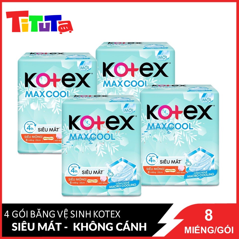 Combo 4 Băng Vệ Sinh Siêu Mỏng Không Cánh 23cm 8 Miếng Kotex MaxCool Mặt Bông Mềm Mại