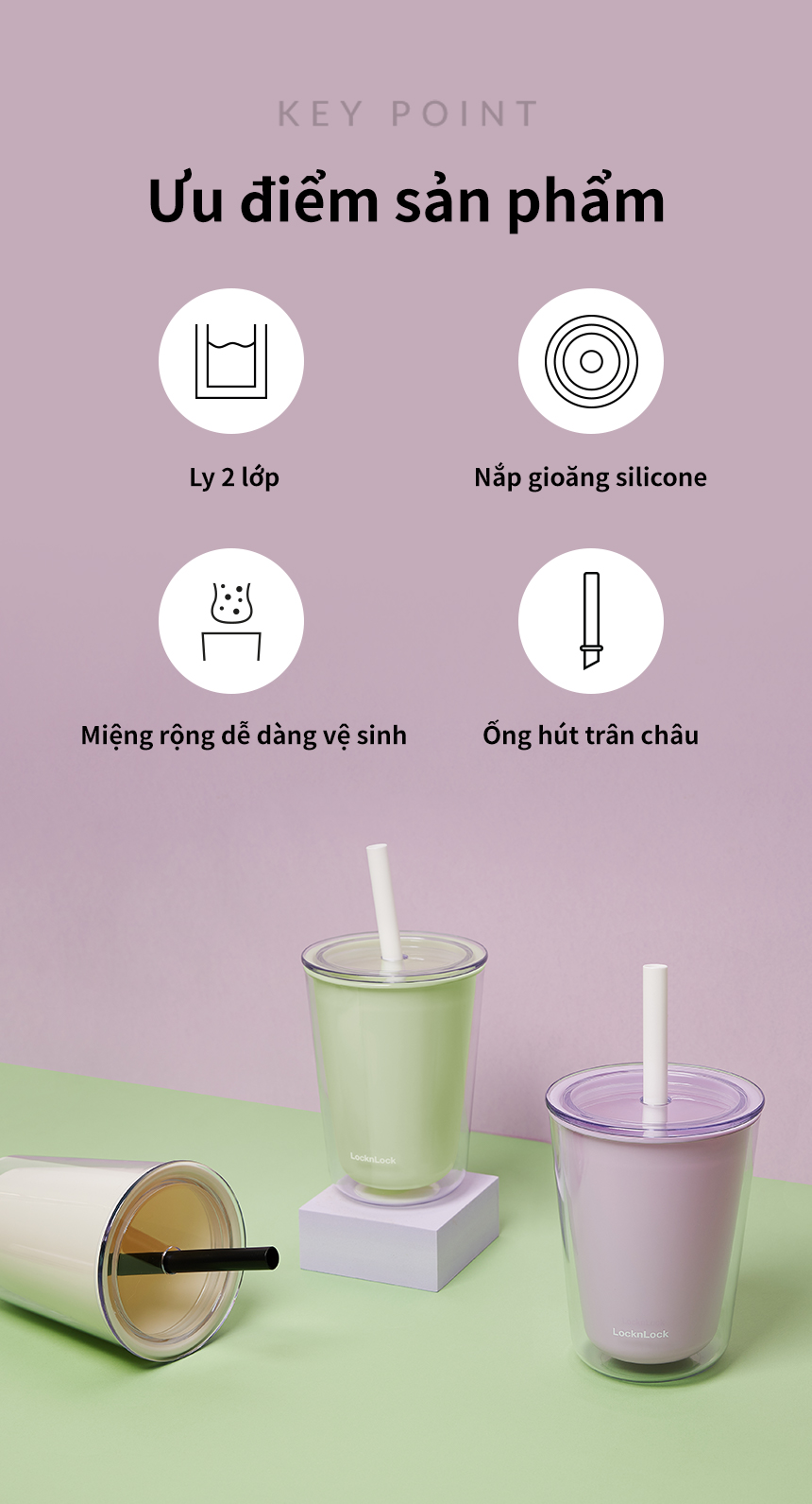 Ly nhựa 2 lớp LocknLock Bubble Tea Cold Cup màu xanh lá HAP529GRN 720ml, Hàng chính hãng, kèm ống hút trân châu - JoyMall