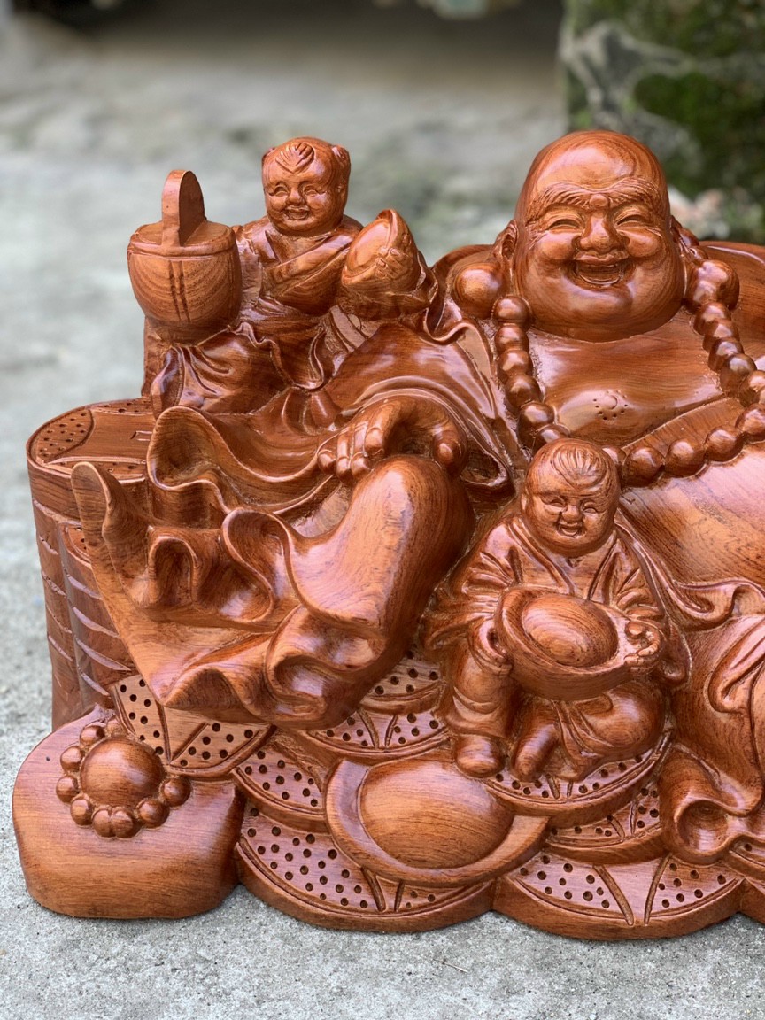 Tượng phật di lặc ngũ phúc gỗ hương đá liền khối kt 60×30×27cm