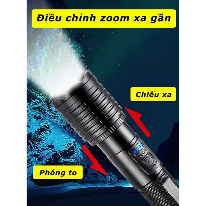 Đèn pin siêu sáng XHP50 chiếu xa 500m A998, chống nước IP65, pin sạc 18650 tích hợp, đèn pin cầm tay 3 chế độ