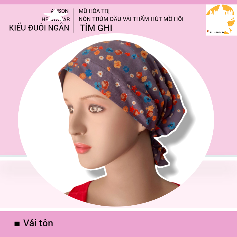 Nón hóa trị vải mềm mát, hút mồ hôi, bệnh nhân ung thư, chemo hat, nón trùm đầu [KIỂU ĐUÔI NGẮN-TÍM GHI]