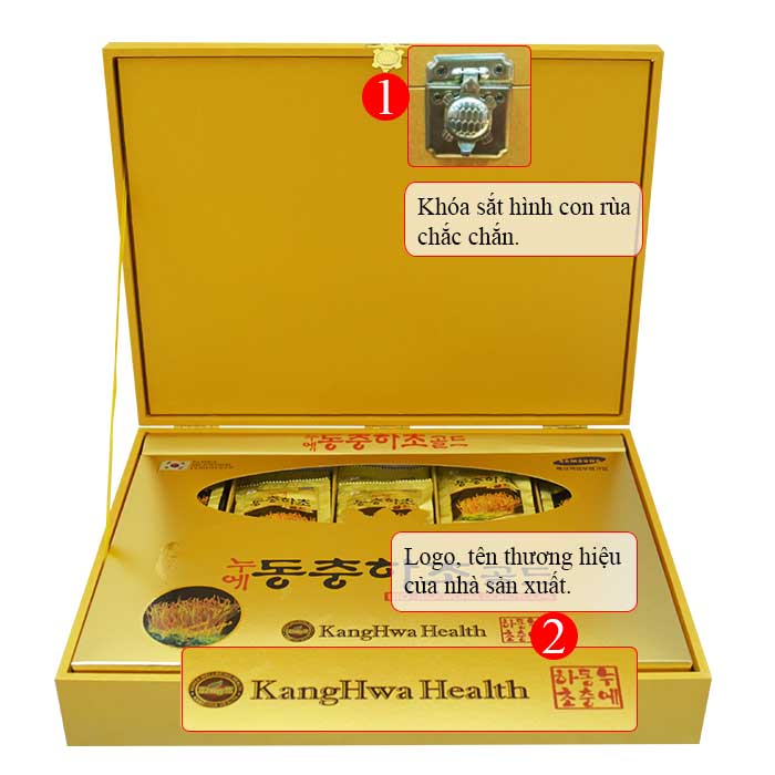 ĐTHT hộp gỗ vàng Cao Cấp 60 gói D043 2 Khóa sắt và logo của hộp đông trùng hạ thảo hàn quốc