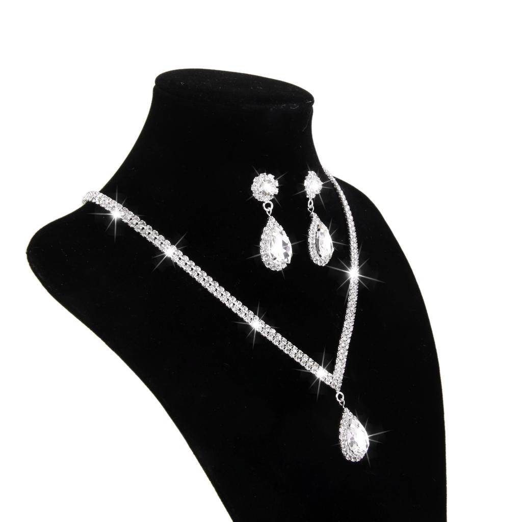 Wedding Prom Bridal Crystal Diamante Tear Drop Necklace Earrings Jewelry Set