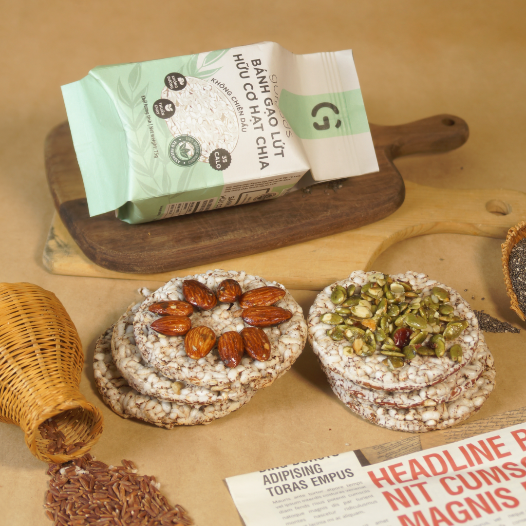Bánh gạo lứt ăn kiêng hữu cơ hạt chia GUfoods - Hạt chia organic, Không đường, Thuần chay