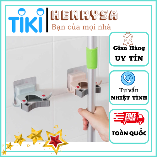 Móc Dán Tường Kẹp Giữ Cây Lau Nhà Kèm 2 Móc Phụ Treo Đồ - Móc Treo Chổi, Treo Ô, Đồ Dùng - HENRYSA