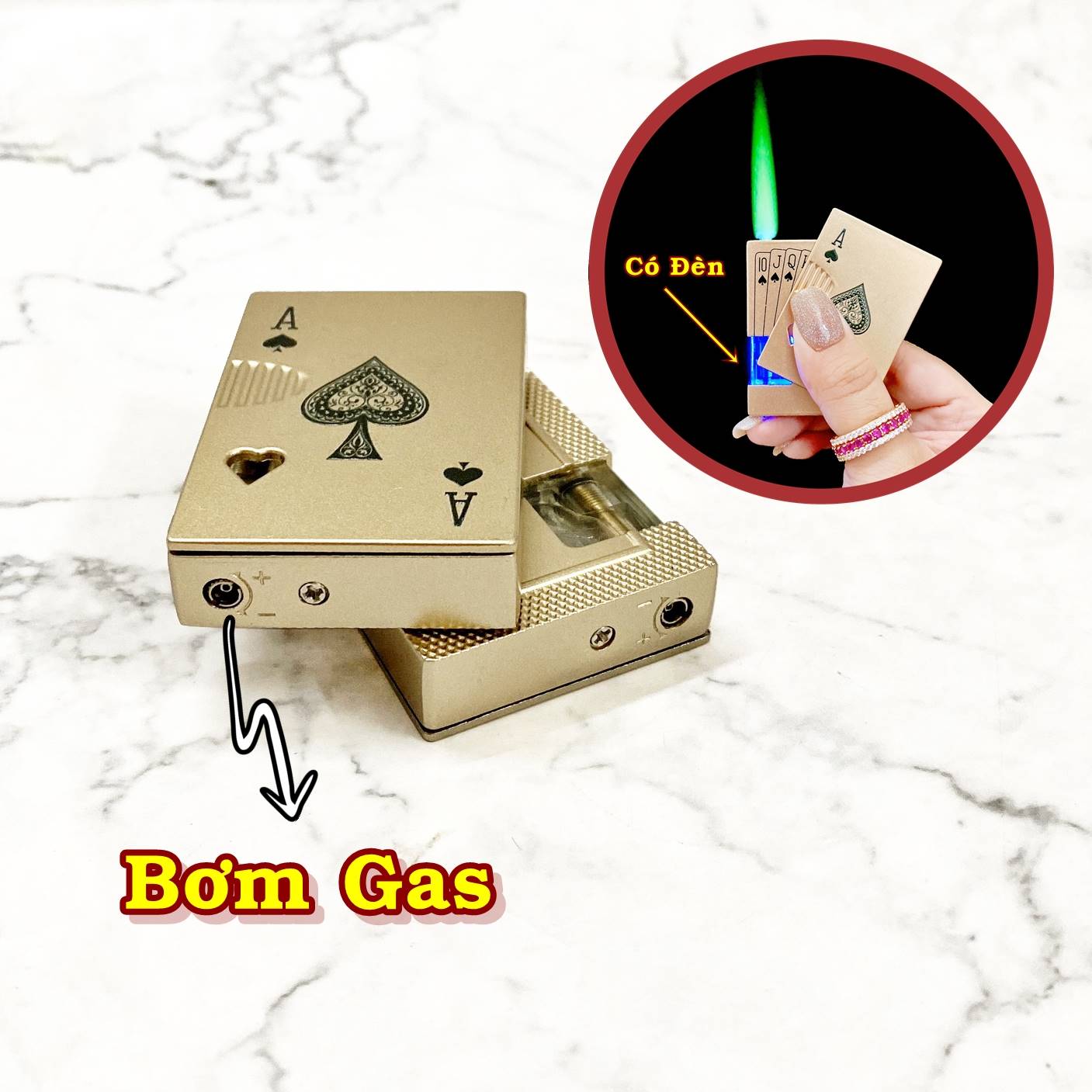 Bật Lửa Khè Hình Lá Bài Lộ Thiên Có Đèn Kim Loại - xài gas