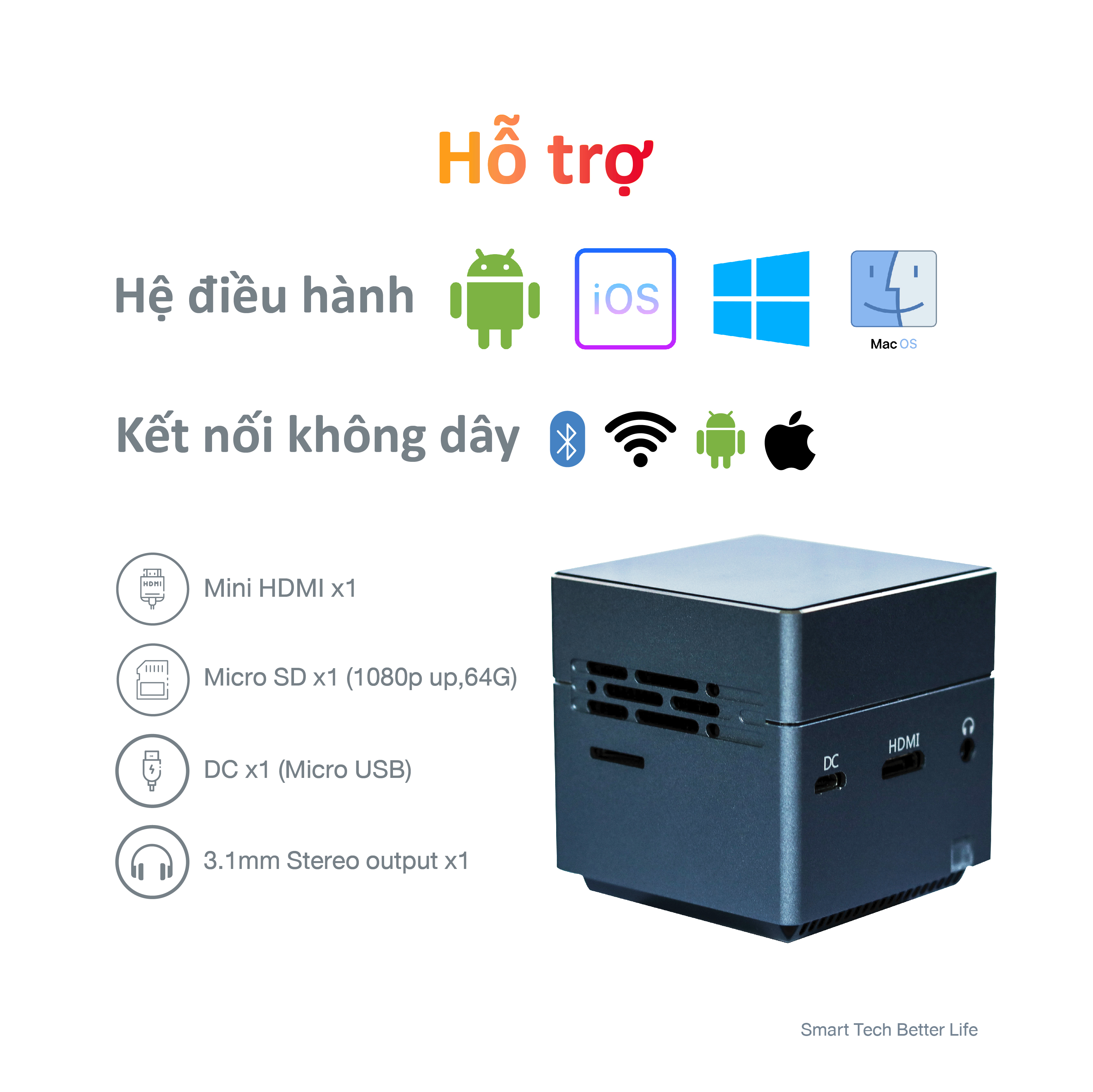 Máy chiếu thông minh mini Vayo - Smart Mini Projector công nghệ DLP kết nối Android, IOS, pin 2 tiếng, có sẵn loa, độ phân giải fullHD sắc nét, hàng chính hãng, bảo hành 12 tháng