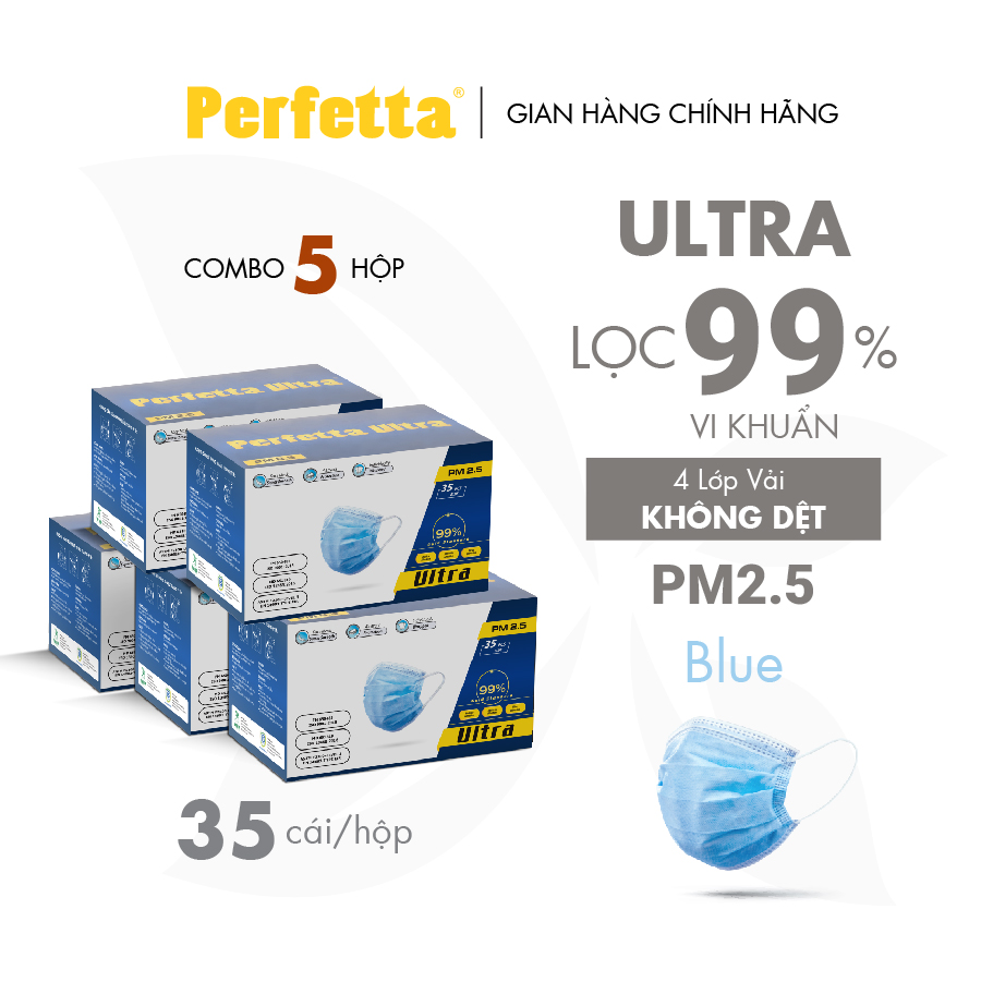 [Combo 5 HỘP - PERFETTA ULTRA] - Khẩu Trang Y Tế Chất Lượng Cao, Kháng Khuẩn, Chống Bụi Mịn PM 2.5, Màu Xanh, 4 Lớp, Bảo Vệ Tối Ưu, Đóng Gói Từng Cái - (35 cái/hộp)