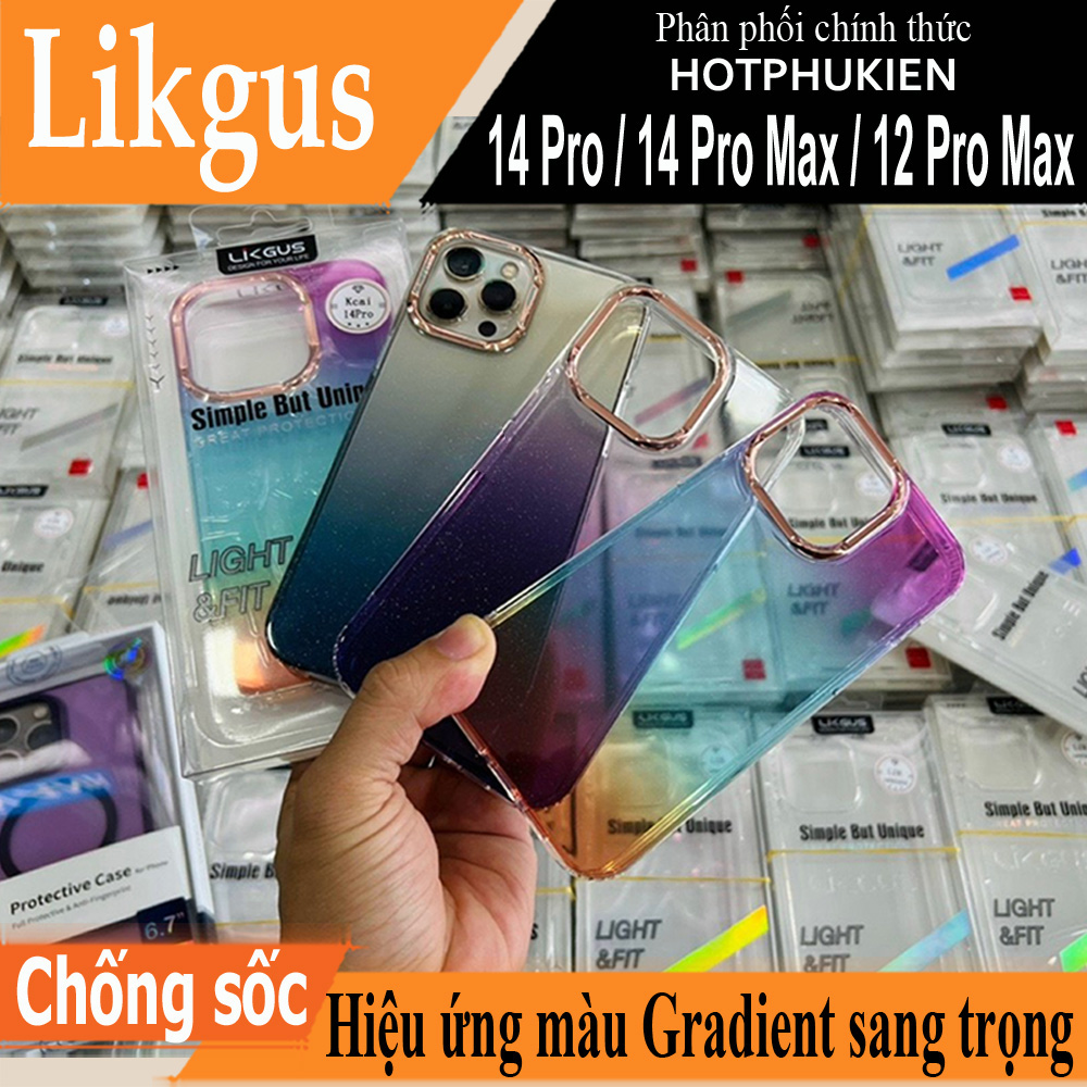 Ốp lưng chống sốc cho iPhone 14 Pro / 14 Pro Max / 12 Pro Max hiệu Likgus Luxury Gradient trang bị viền Camera ánh kim sang trọng , chống sốc chống va đập - Hàng nhập khẩu