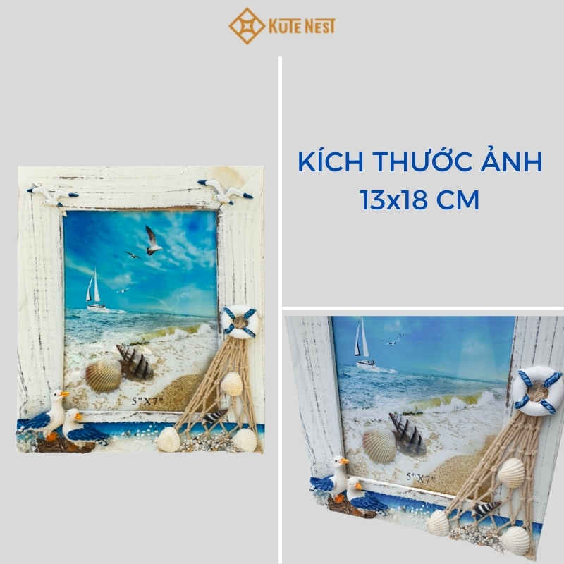 [Kute Nest] Khung hình để bàn bằng gỗ phong cách biển cả được làm thủ công tinh tế – Màu trắng – KT khung dài 19 x cao 24 cm, hình 13x18 cm