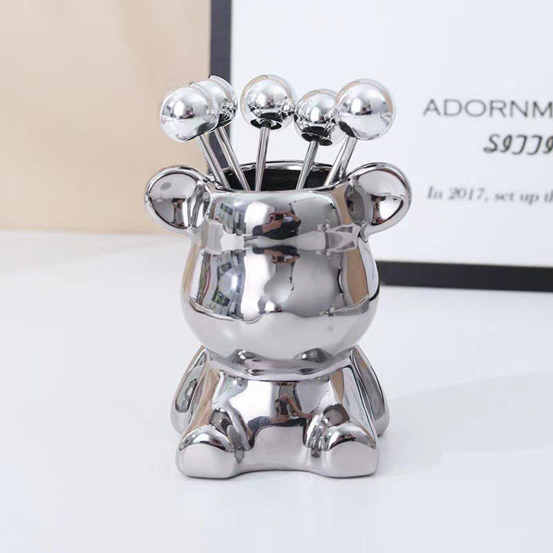 Set 6 Que Xiên Hoa Quả Kèm Cốc Đựng Hình Gấu Sáng Bóng