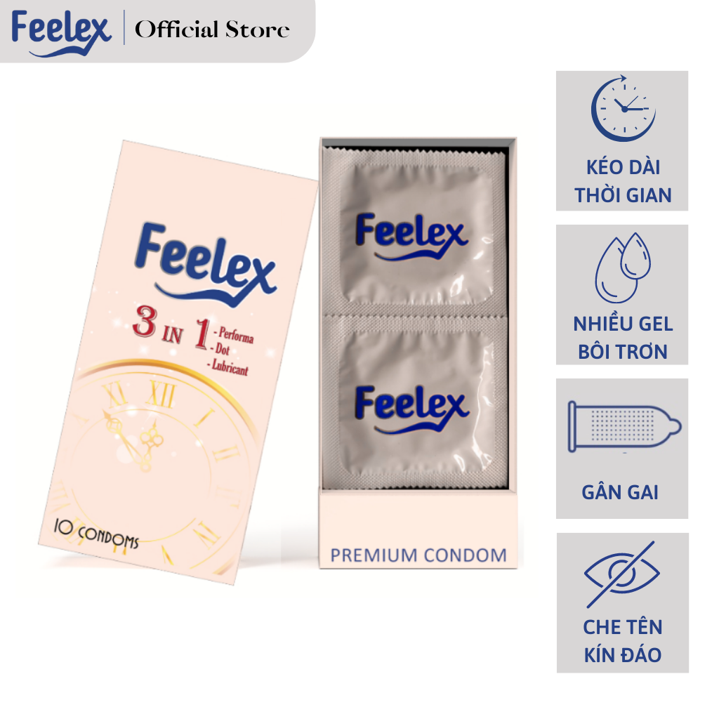 Bao cao su Feelex 3in1 gân gai, nhiều gel bôi trơn, kéo dài thời gian quan hệ, nhiều mùi hương, hộp 10 bcs