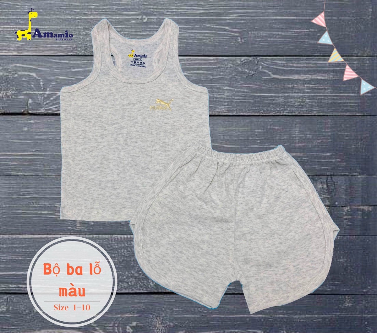 Bộ ba lỗ màu thấm hút mồ hôi mềm mịn cho bé từ 6-27 kg