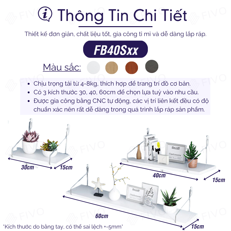 Kệ Gỗ Treo Tường Trang Trí Decord Thương Hiệu FIVO FB40 Không Cần Khoan Với Móc Treo Inox Dễ Dàng Gắn Lên Tường (Màu Trắng, Đen) - Hàng Chính Hãng