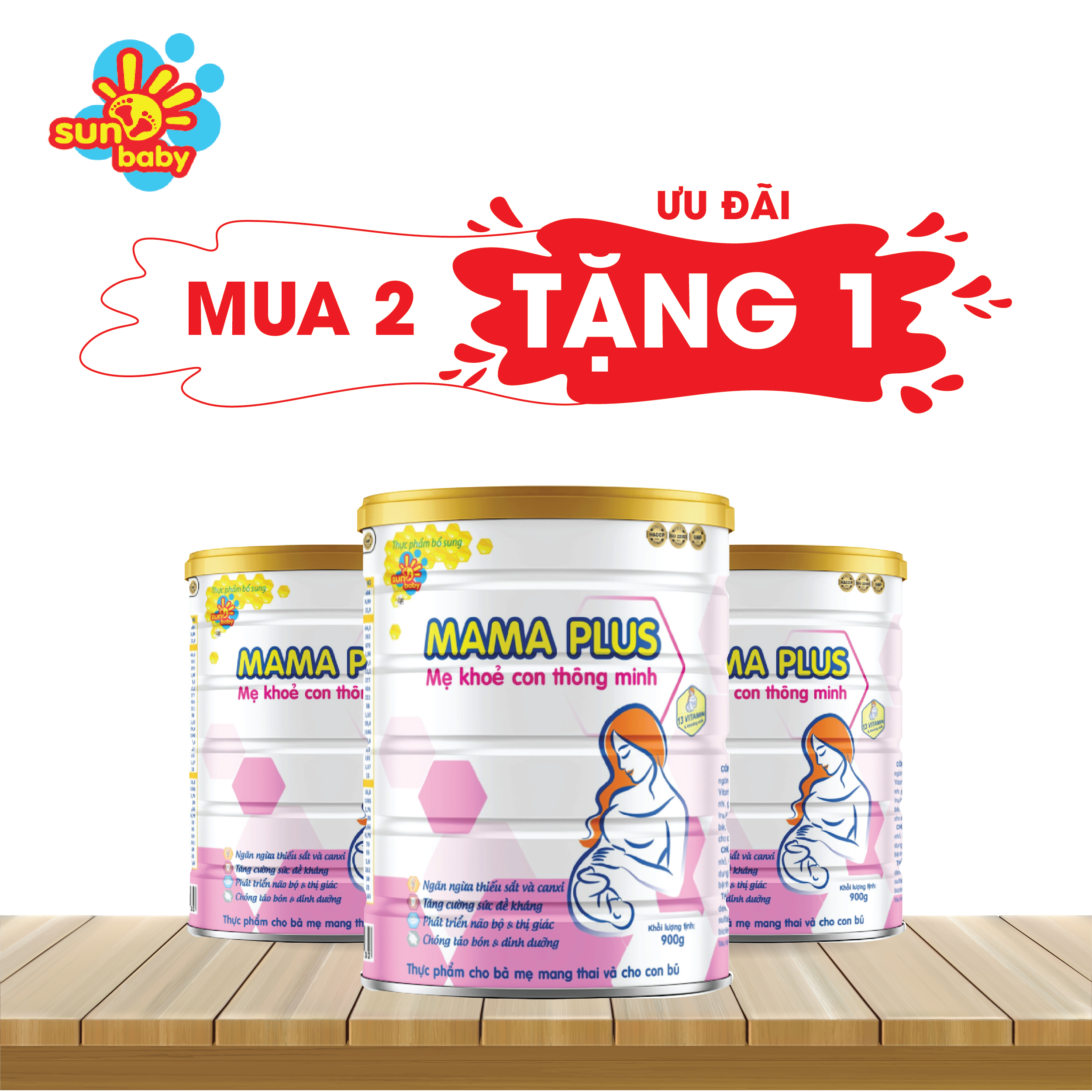 [MUA 2 TẶNG 1] Sữa bột Mama Plus cho mẹ mang thai và cho con bú (900g) Sunbaby