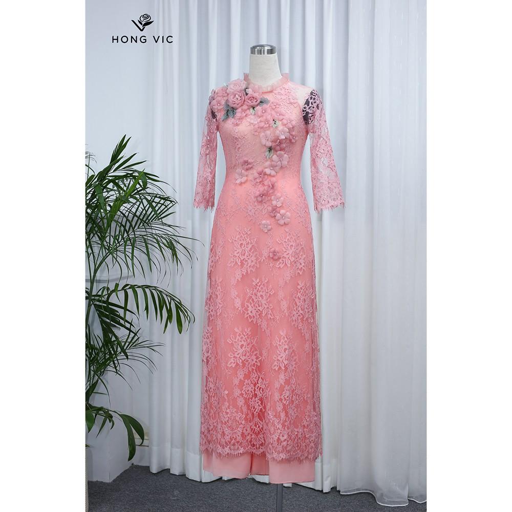 Áo dài kiểu nữ thiết kế Hongvic ren hồng đào cổ bèo AD11