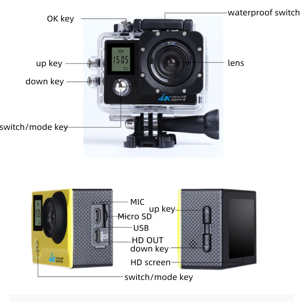 Màn hình kép phía trước và phía sau chống nước 4K HD với điều khiển từ xa Camera thể thao WIFI ngoài trời 170 ° DV lặn chụp ảnh trên không