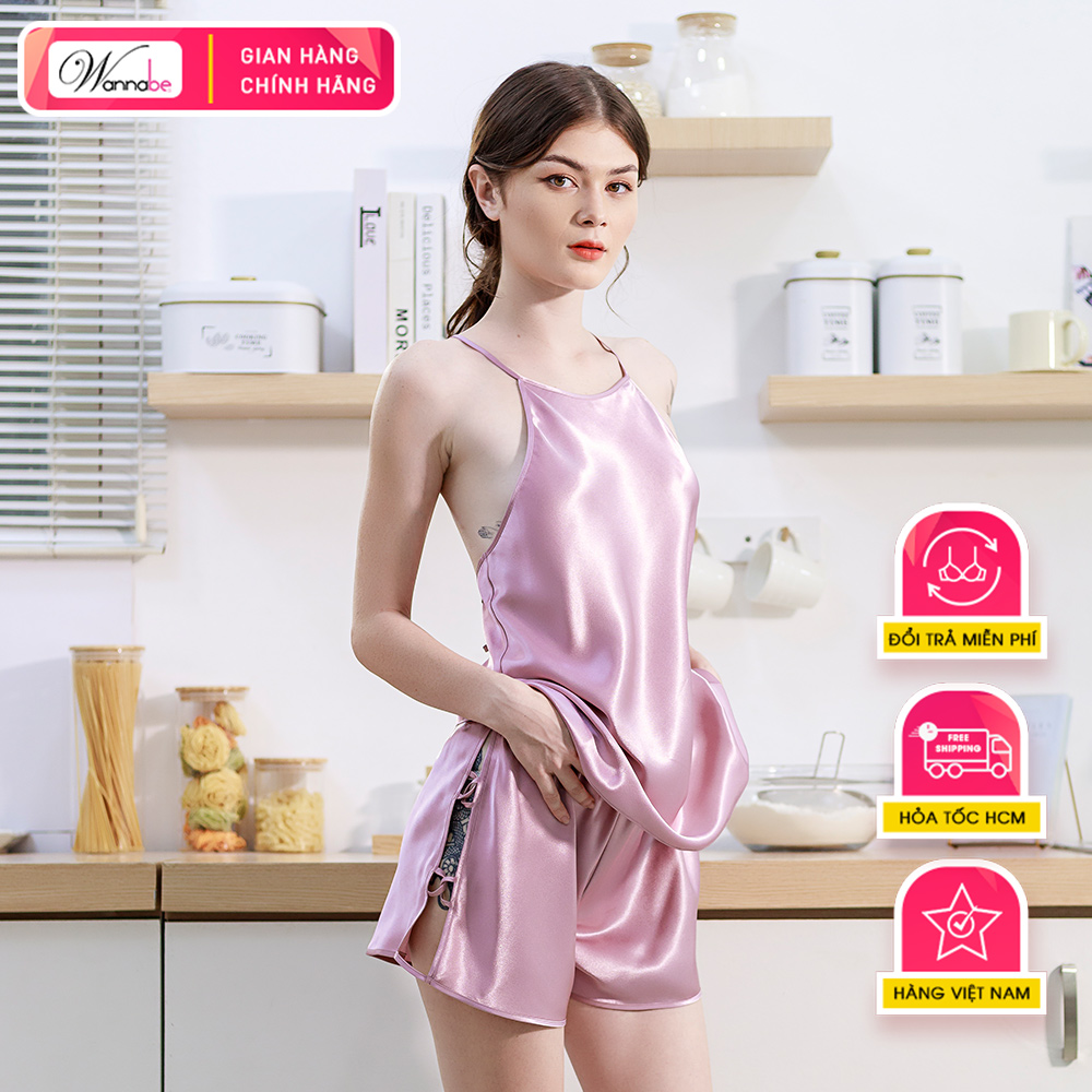 Đồ bộ mặc nhà phi lụa cao cấp WANNABE BSS33 đồ bộ quần sọt đan dây mặc với áo 2 dây cổ yếm lưng trần dây kiểu xinh xắn