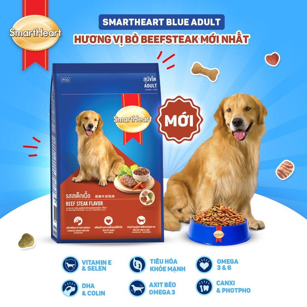 Thức ăn hạt khô Smartheart Adult vị Bò Nướng cung cấp đầy đủ dinh dưỡng dành cho chó trưởng thành