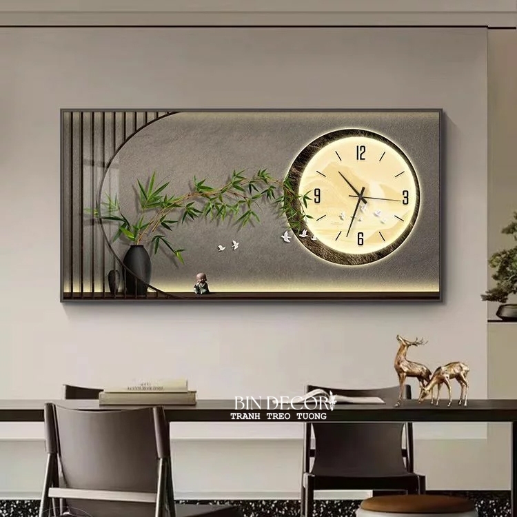(ẢNH THẬT)Tranh đồng hồ tráng gương cành trúc phong thuỷ quà tặng tân gia tặng kèm đinh