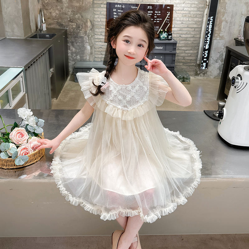 Váy công chúa bé gái cộc tay, Đầm dự tiệc cho bé 1-6 tuổi thêu hoa lấp lánh vải ren cao cấp điệu đà đáng yêu