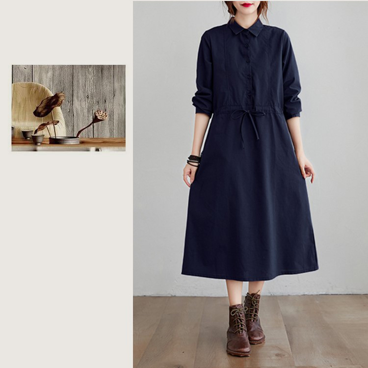Đầm suông cổ sơ mi dài tay rút eo, chất vải linen tự nhiên mềm mại, thời trang thu đông ARCTIC HUNTER AH175