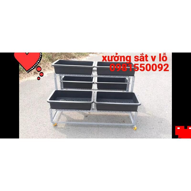 Kệ sắt trồng rau thông minh 2 tâng 6 khay nhựa có bánh xe (dùng sắt V3x3cm và V4x4cm ) bao chắc chắn