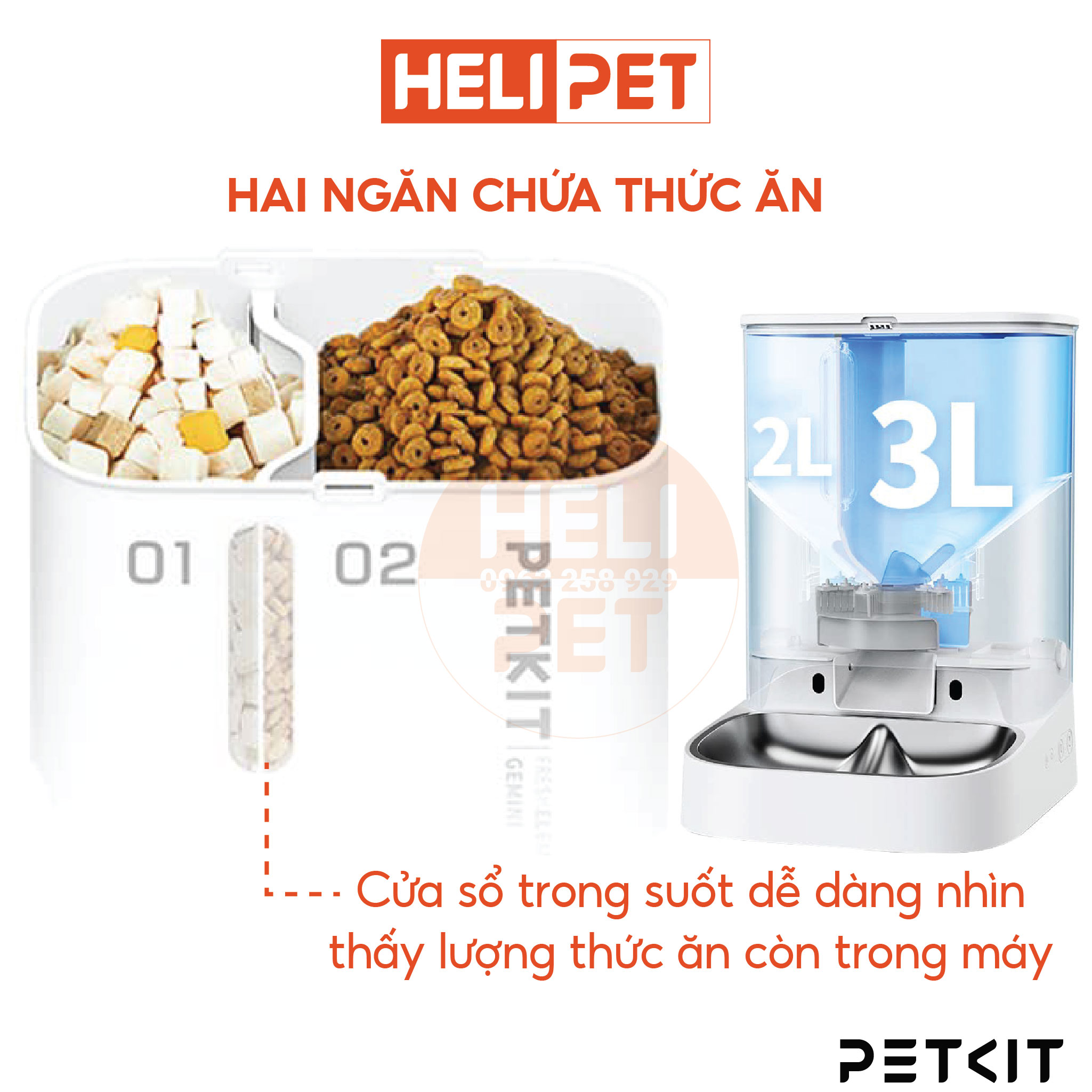 Máy Cho Mèo Ăn Tự Động, Máy Nhả Hạt Hai Ngăn, Máy Cho Chó Ăn Petkit Gemini