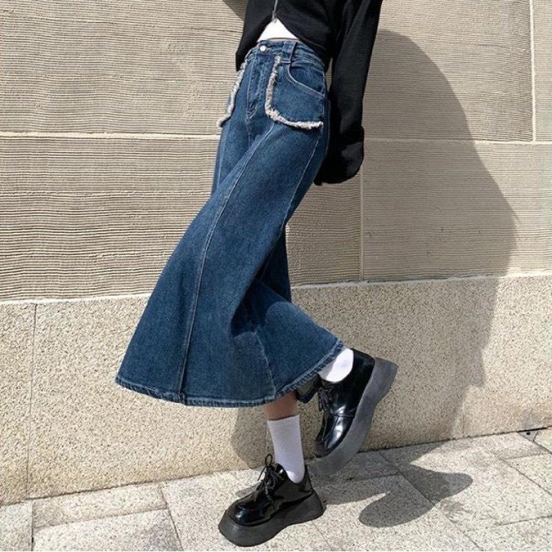 Chân váy jean đuôi cá dáng dài EMIX, váy phối túi viền phong cách retro, cạp cao, tôn dáng 021