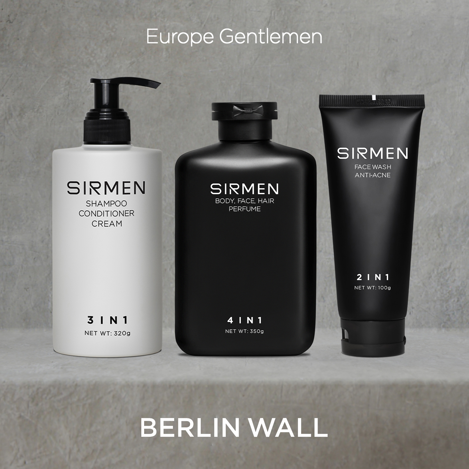 GIFTBOX combo 3 - Berlin Wall Sữa tắm gội nam 4 in 1 - Dầu gội xả dưỡng nam 3 in 1 và Sữa rửa mặt nam 2 in 1 SIRMEN