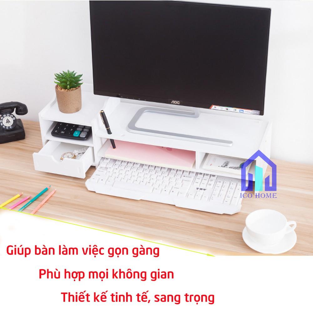 Kệ gỗ để màn hình máy tính, laptop cho bàn làm việc gọn gàng, có hộc kéo - ICO HOME