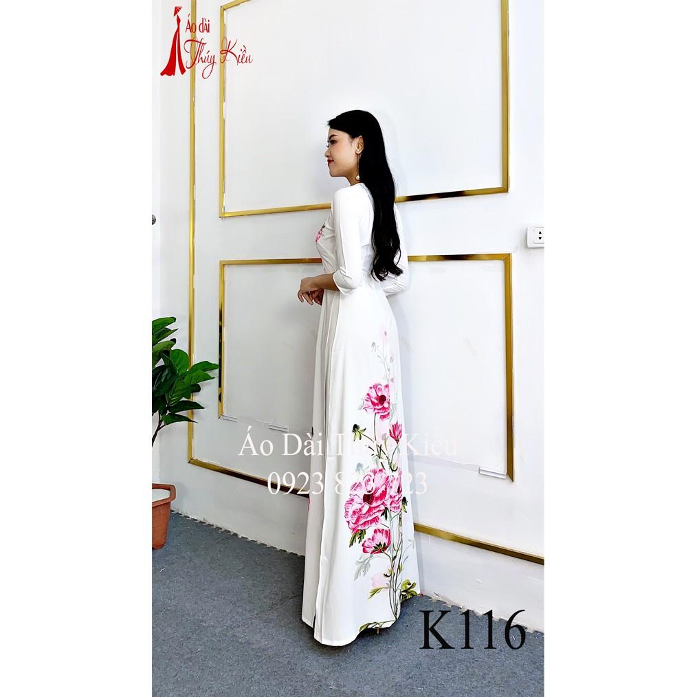 Áo dài Thúy Kiều in 3D lụa Nhật nền trắng in hoa hồng K116