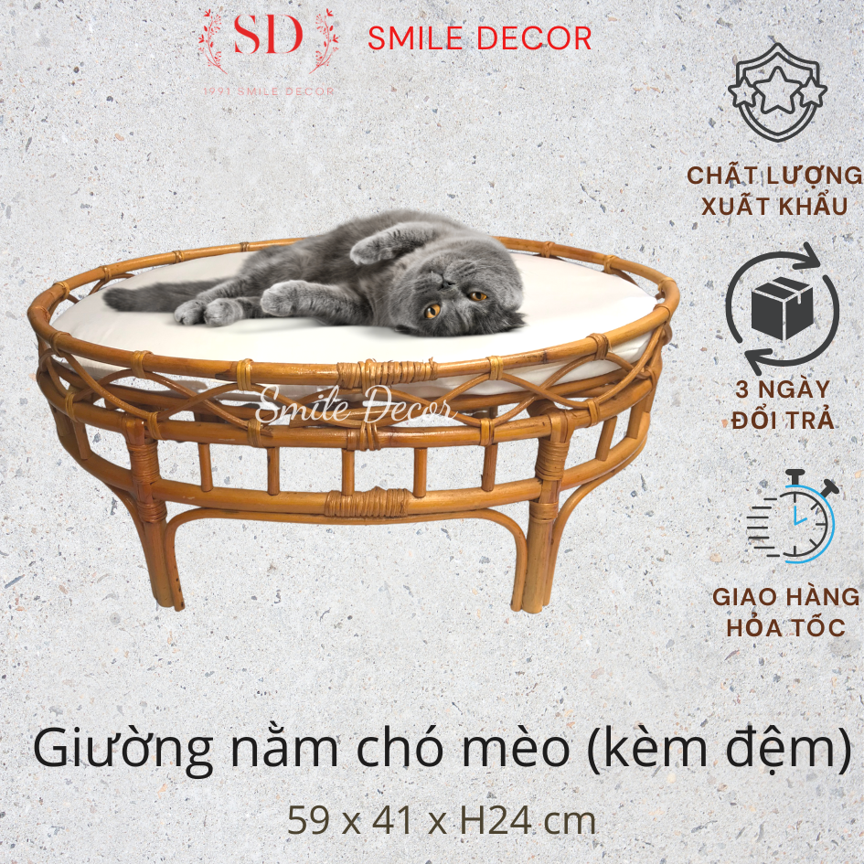 Giường mây kèm đệm Smile Decor cho chó mèo nằm êm ái , sang trọng - Rattan pet bed with cushion