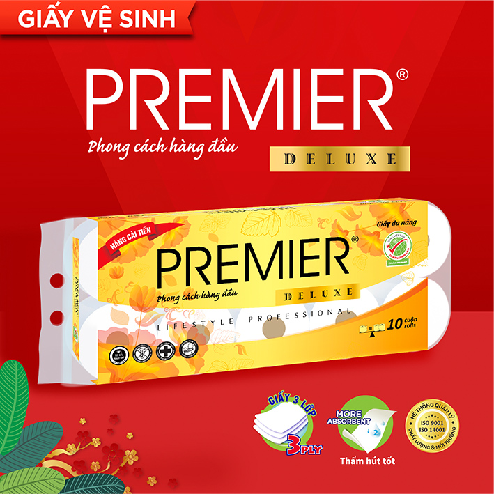 [COMBO 20 CUỘN] Giấy vệ sinh cao cấp Premier Deluxe có lõi, 3 lớp 100% bột giấy nguyên sinh, không chất tẩy lốc 10 cuộn