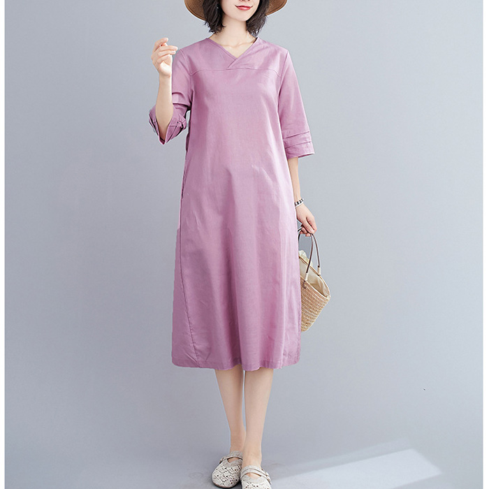 Đầm suông linen cổ tim chồng tay lỡ ArcticHunter, thời trang hè thu 2022 - Tím nhạt