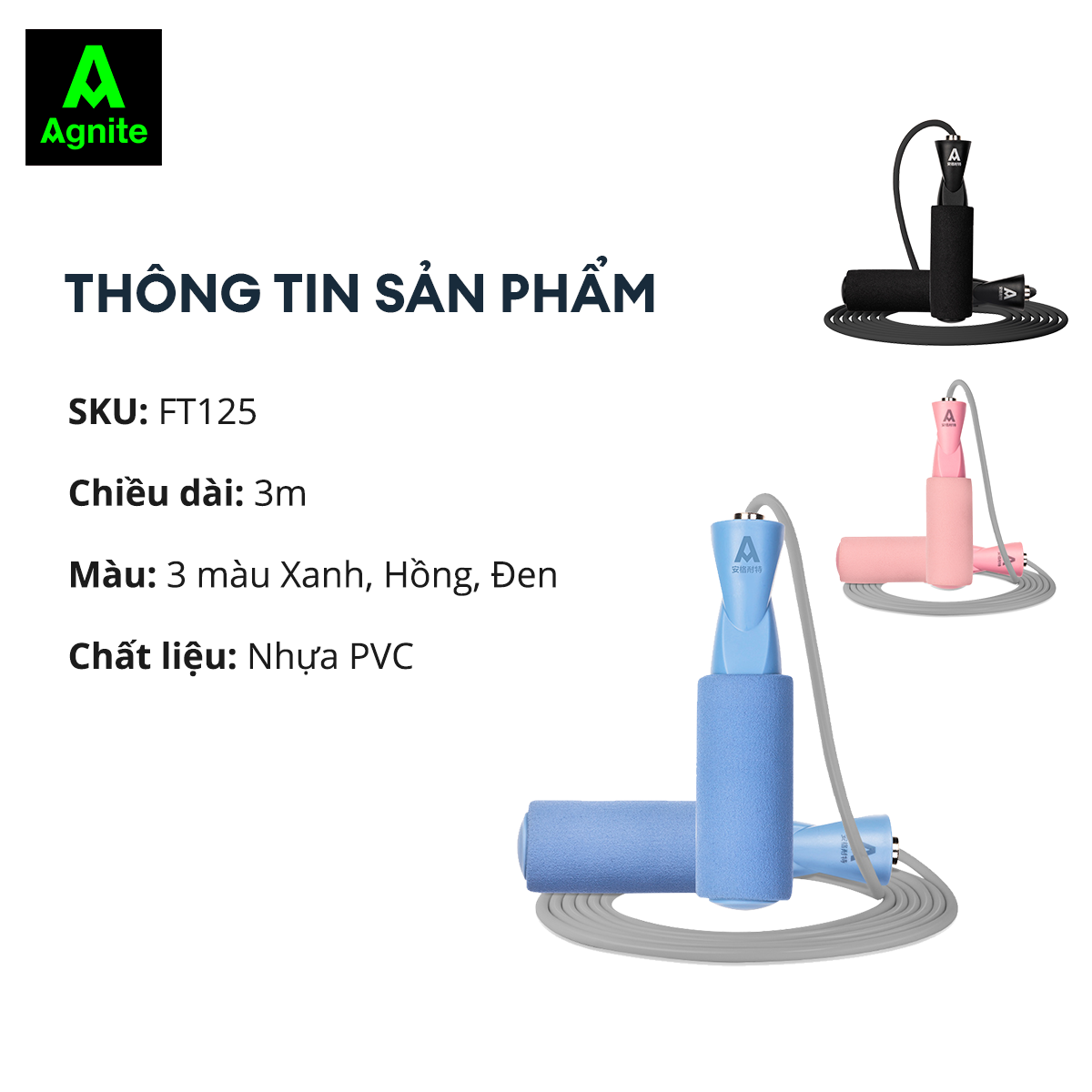 Hình ảnh Dây nhảy lõi PVC chính hãng Agnite, siêu nhẹ, có thể điều chỉnh độ dài, tay cầm xốp dễ dãng và thân thiện khi sử dụng - FT125