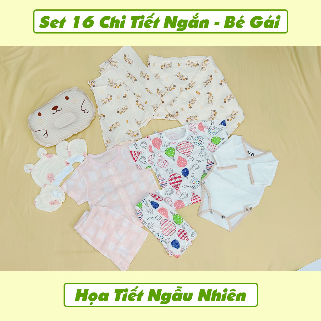 Set Quà Tặng Sơ Sinh Đầy Tháng 16 Chi Tiết Ngắn Tay Cho Bé Gái NB House Kids (Mẫu Ngẫu Nhiên)