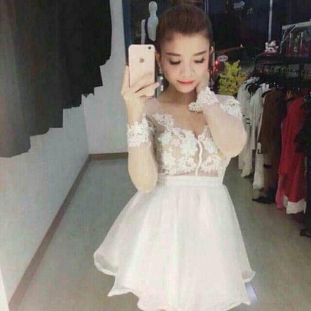 Đầm xòe tay dài voan lưới ren thêu