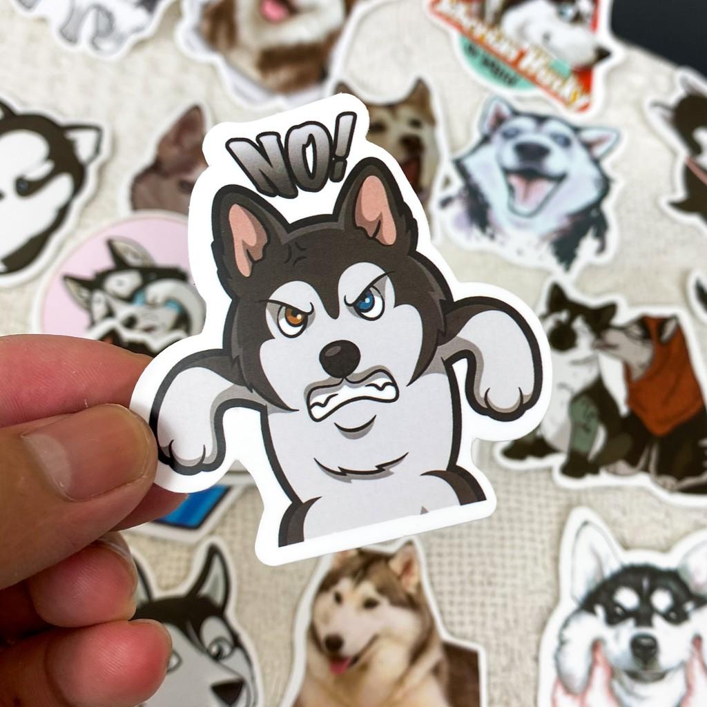 Bộ 50 Sticker (nhãn dán) CHÓ HUSKY NGÁO NGƠ - trang trí nón bảo hiểm, ghi-ta, tủ lạnh, máy tính