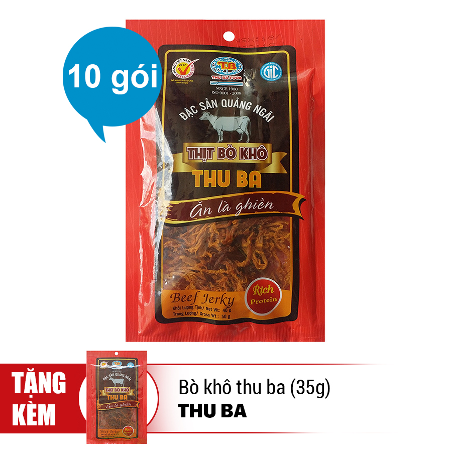 Combo 10 Gói Bò Khô Thu Ba (50g) - Tặng 1 Gói Bò Khô Thu Ba 35g