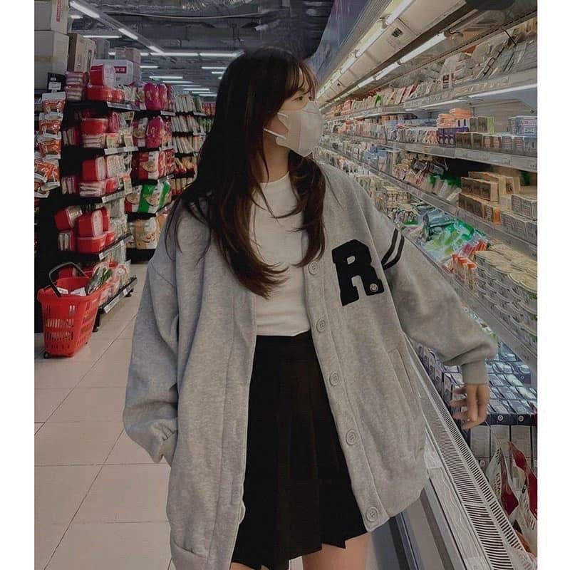 Áo cardigan phom rộng cổ chữ V unisex nam nữÁo khoác bomber thêu chữ,kiểu hàn quốc chất nỉ PE cao cấp