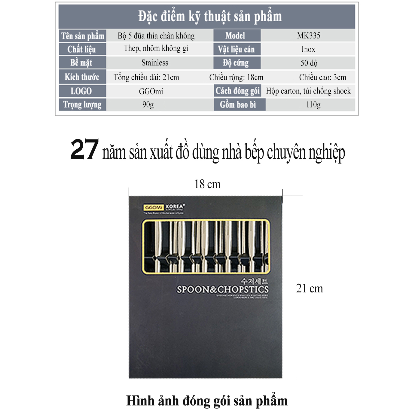 Bộ 5 đôi đũa và 5 thìa inox siêu nhẹ sản xuất bằng vật liệu chất lượng cao,bền bỉ đến từ GGOMi Hàn Quốc MK335