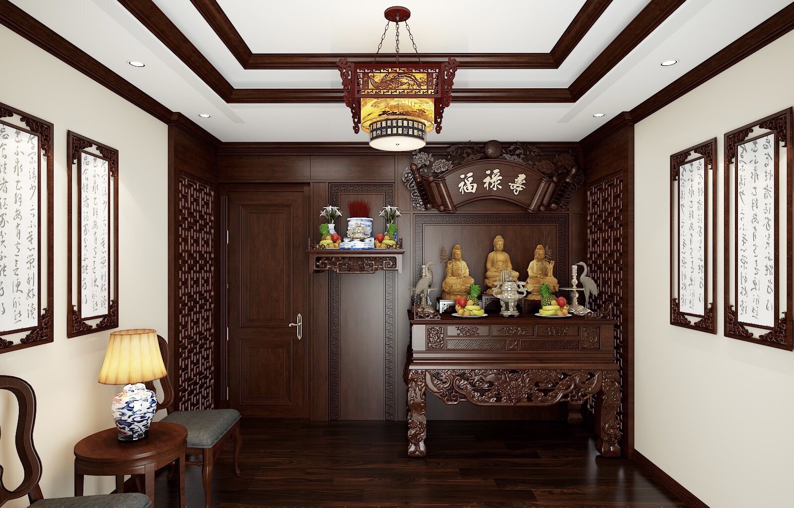 Đèn gỗ thả phòng thờ